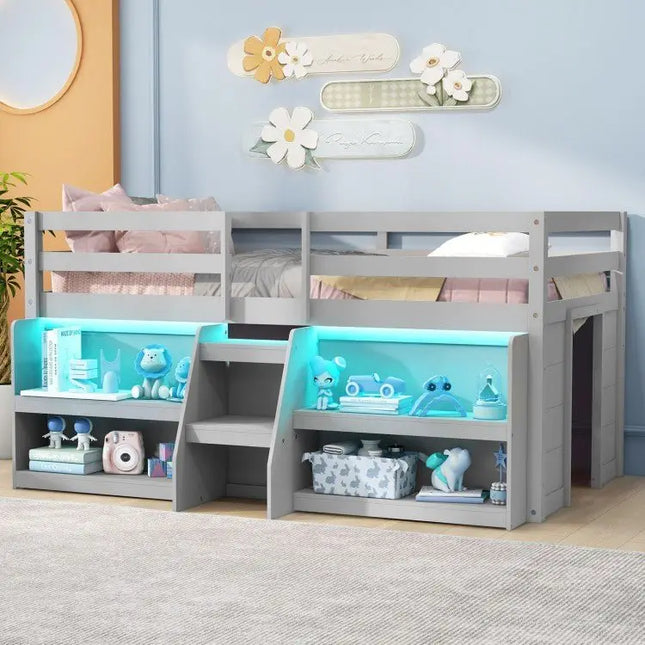 Twin Size Loft Bed with LED Lights with Staircase and Safety Guardrail - Grey - Oasis Home Essentials