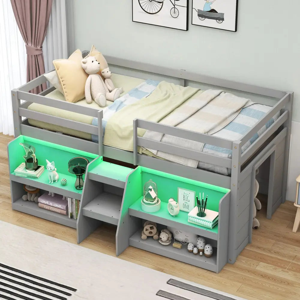 Twin Size Loft Bed with LED Lights with Staircase and Safety Guardrail-Grey - Gray - Toddler Beds