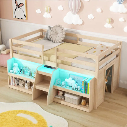 Twin Size Loft Bed with LED Lights with Staircase and Safety Guardrail-Natural - Natural - Toddler Beds