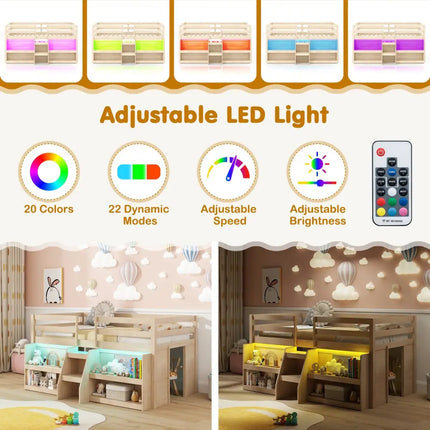 Twin Size Loft Bed with LED Lights with Staircase and Safety Guardrail-Natural - Natural - Toddler Beds