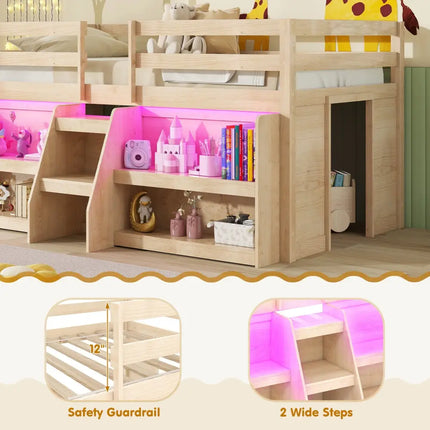 Twin Size Loft Bed with LED Lights with Staircase and Safety Guardrail-Natural - Natural - Toddler Beds