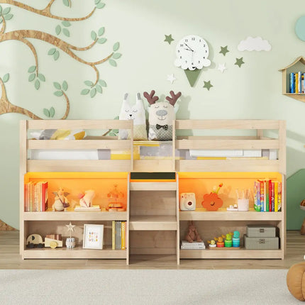 Twin Size Loft Bed with LED Lights with Staircase and Safety Guardrail-Natural - Natural - Toddler Beds