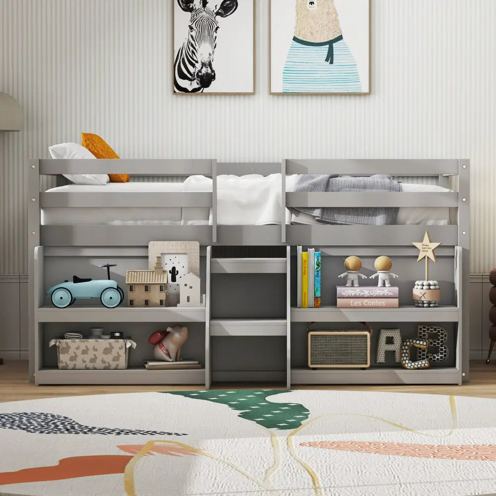 Twin Size Loft Bed with LED Lights with Staircase and Safety Guardrail-Grey - Gray - Toddler Beds