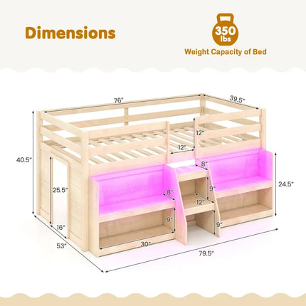 Twin Size Loft Bed with LED Lights with Staircase and Safety Guardrail-Natural - Natural - Toddler Beds