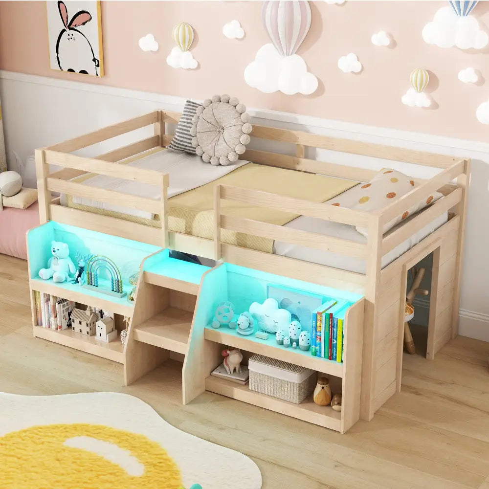 Twin Size Loft Bed with LED Lights with Staircase and Safety Guardrail-Natural - Natural - Toddler Beds