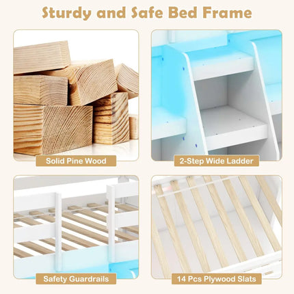 Twin Size Loft Bed with LED Lights with Staircase and Safety Guardrail-White - White - Toddler Beds
