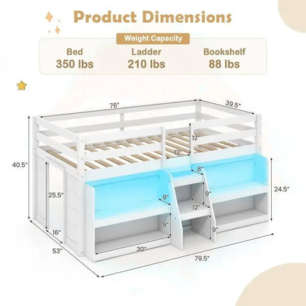 Twin Size Loft Bed with LED Lights with Staircase and Safety Guardrail - White - Oasis Home Essentials