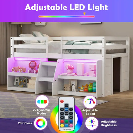 Twin Size Loft Bed with LED Lights with Staircase and Safety Guardrail-White - White - Toddler Beds