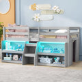 Twin Size Loft Bed with LED Lights with Staircase and Safety Guardrail-Grey - Gray - Toddler Beds