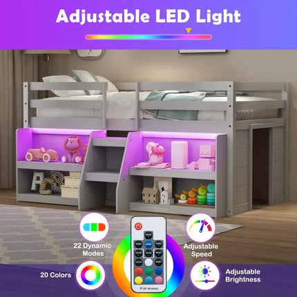 Twin Size Loft Bed with LED Lights with Staircase and Safety Guardrail - Grey - Oasis Home Essentials