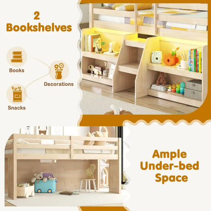 Twin Size Loft Bed with LED Lights with Staircase and Safety Guardrail-Natural - Natural - Toddler Beds