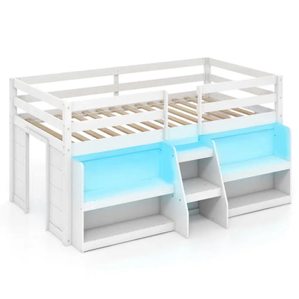 Twin Size Loft Bed with LED Lights with Staircase and Safety Guardrail-White - White - Toddler Beds