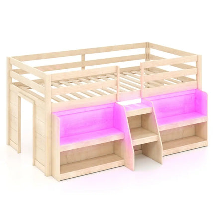 Twin Size Loft Bed with LED Lights with Staircase and Safety Guardrail-Natural - Natural - Toddler Beds