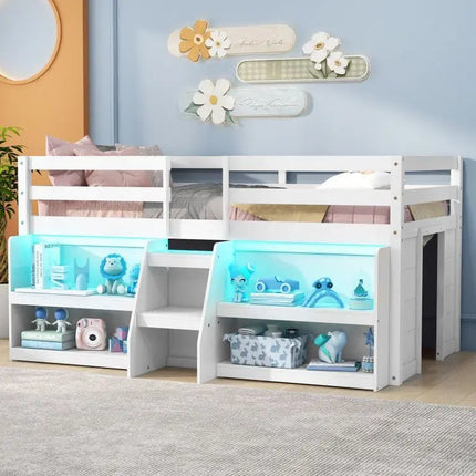 Twin Size Loft Bed with LED Lights with Staircase and Safety Guardrail - White - Oasis Home Essentials
