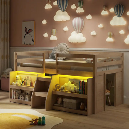 Twin Size Loft Bed with LED Lights with Staircase and Safety Guardrail-Natural - Natural - Toddler Beds