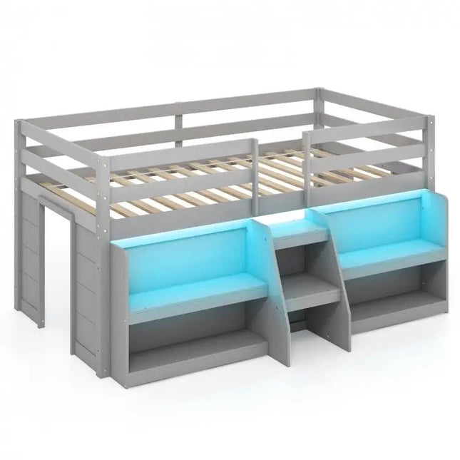 Twin Size Loft Bed with LED Lights with Staircase and Safety Guardrail - Grey - Oasis Home Essentials