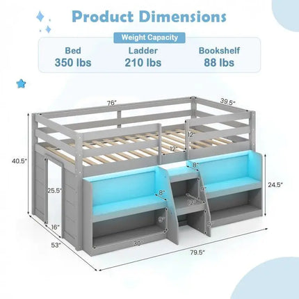 Twin Size Loft Bed with LED Lights with Staircase and Safety Guardrail - Grey - Oasis Home Essentials