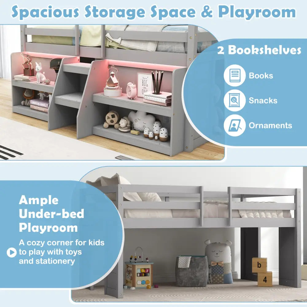 Twin Size Loft Bed with LED Lights with Staircase and Safety Guardrail-Grey - Gray - Toddler Beds