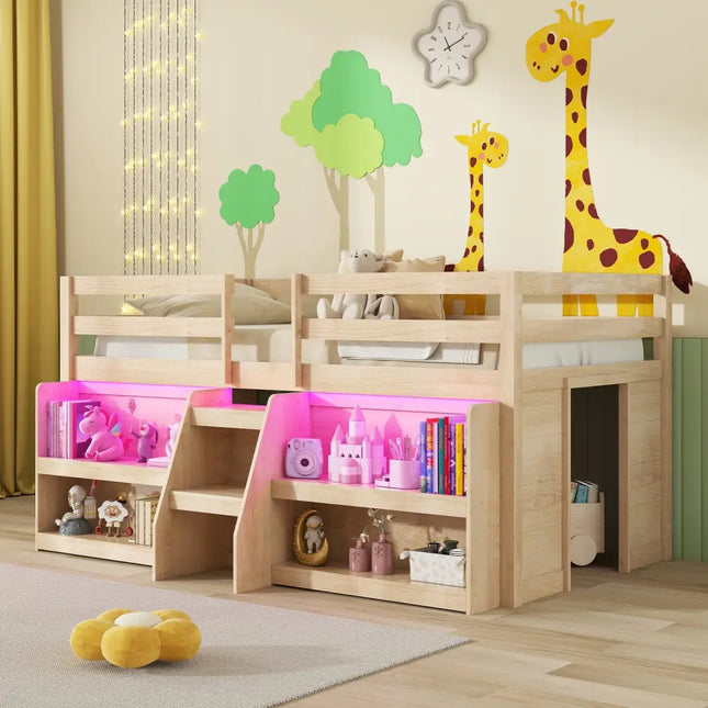 Twin Size Loft Bed with LED Lights with Staircase and Safety Guardrail-Natural - Natural - Toddler Beds