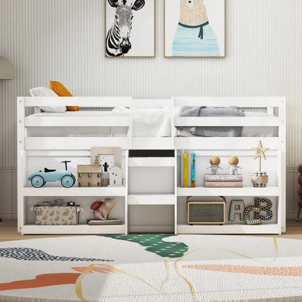 Twin Size Loft Bed with LED Lights with Staircase and Safety Guardrail-White - White - Toddler Beds