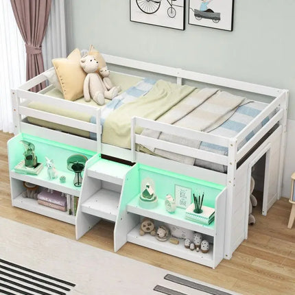 Twin Size Loft Bed with LED Lights with Staircase and Safety Guardrail - White - Oasis Home Essentials