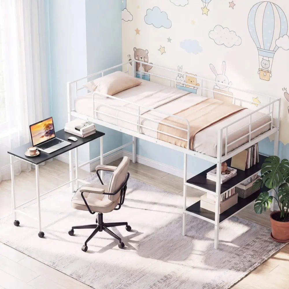 Twin Size Loft Bed with Rolling Desk and Bookshelf Platform Bed Frame-White - White - Bunk Bed Frame