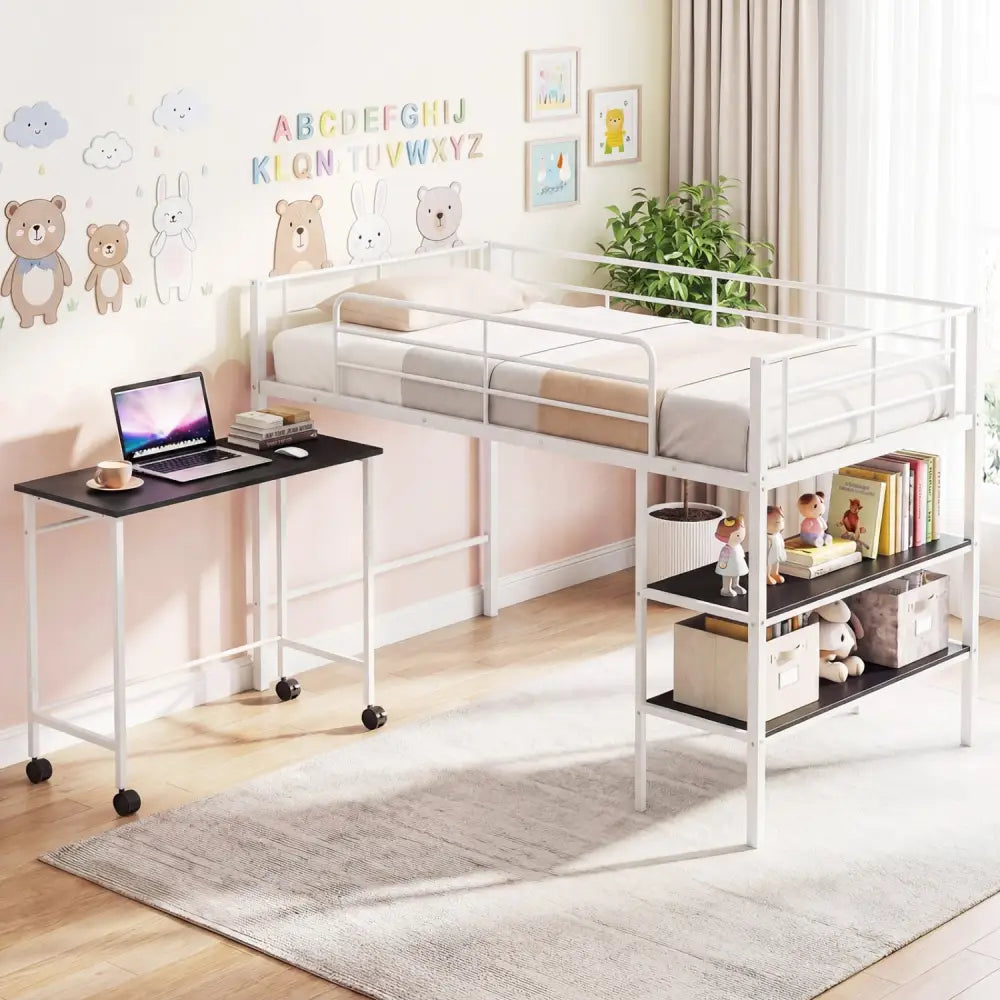 Twin Size Loft Bed with Rolling Desk and Bookshelf Platform Bed Frame-White - White - Bunk Bed Frame