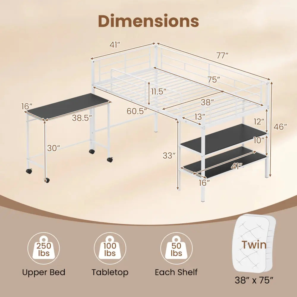 Twin Size Loft Bed with Rolling Desk and Bookshelf Platform Bed Frame-White - White - Bunk Bed Frame