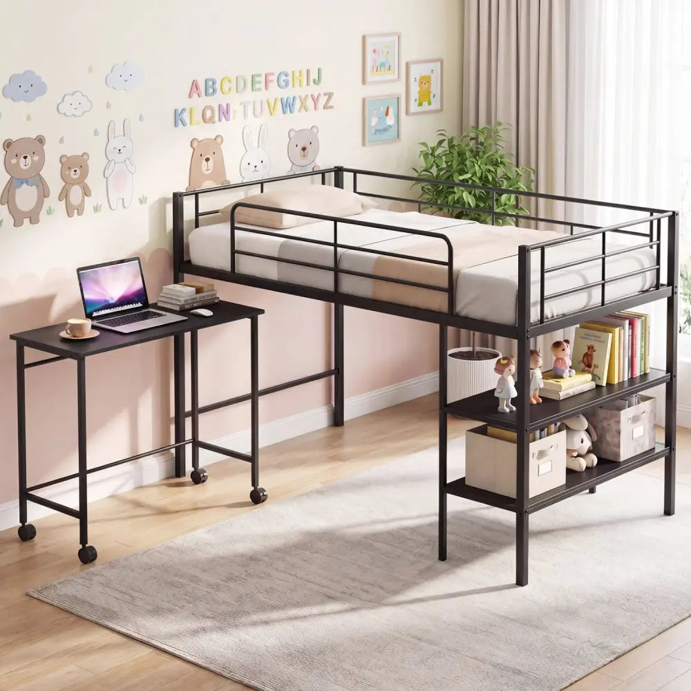 Twin Size Loft Bed with Rolling Desk and Bookshelf Platform Bed Frame-Black - Black - Bunk Bed Frame