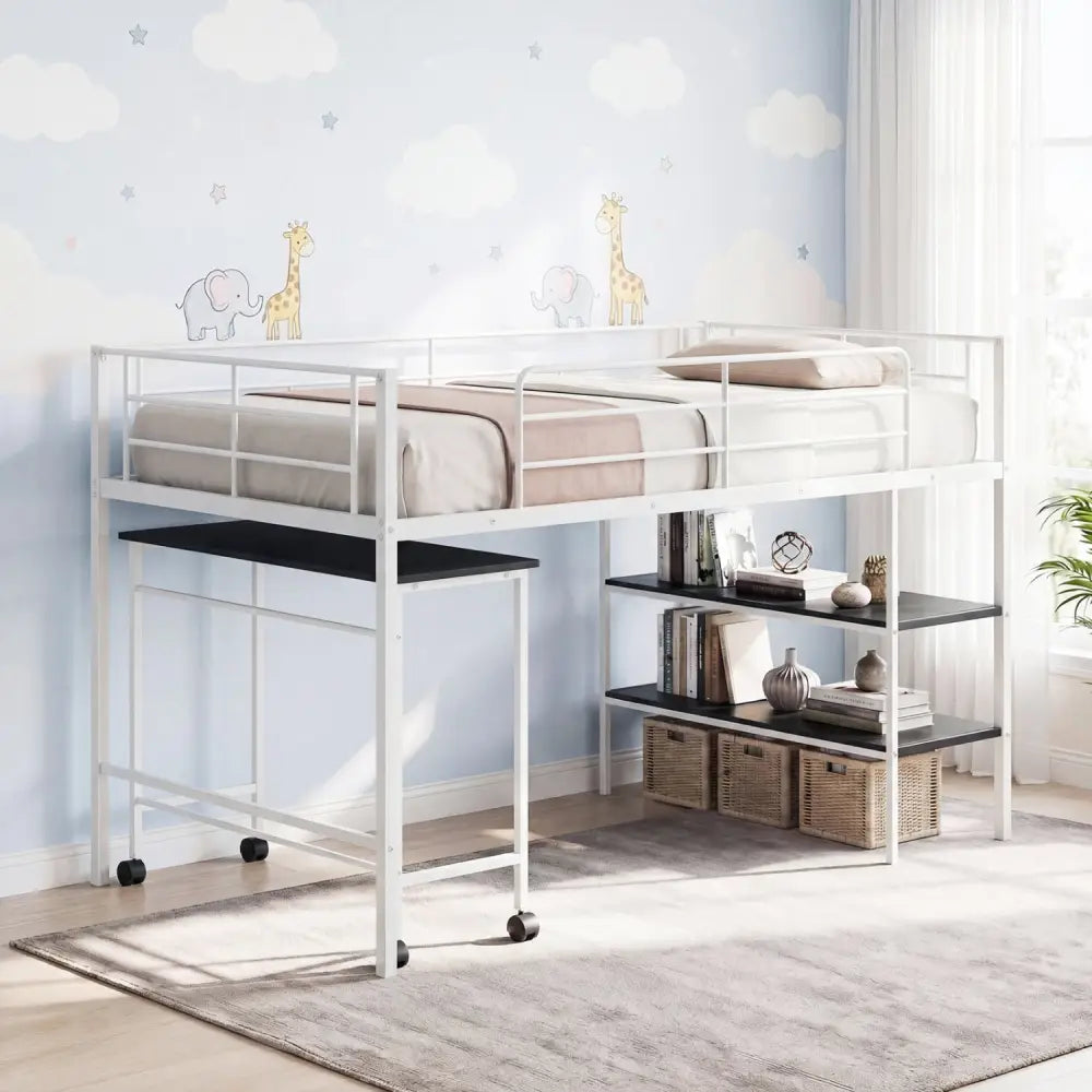 Twin Size Loft Bed with Rolling Desk and Bookshelf Platform Bed Frame-White - White - Bunk Bed Frame