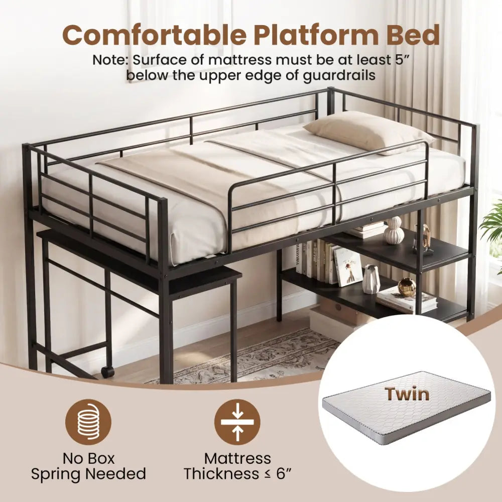 Twin Size Loft Bed with Rolling Desk and Bookshelf Platform Bed Frame-Black - Black - Bunk Bed Frame