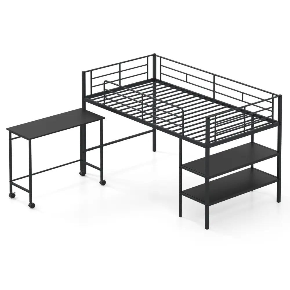 Twin Size Loft Bed with Rolling Desk and Bookshelf Platform Bed Frame-Black - Black - Bunk Bed Frame
