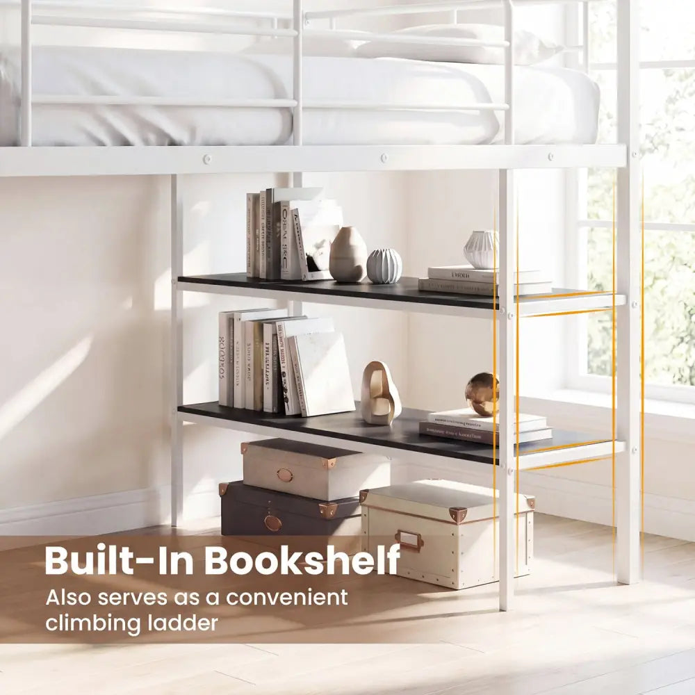 Twin Size Loft Bed with Rolling Desk and Bookshelf Platform Bed Frame-White - White - Bunk Bed Frame