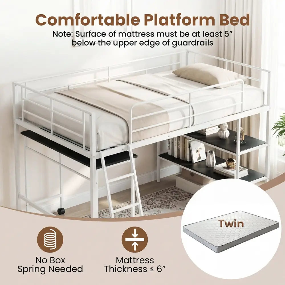 Twin Size Loft Bed with Rolling Desk and Bookshelf Platform Bed Frame-White - White - Bunk Bed Frame