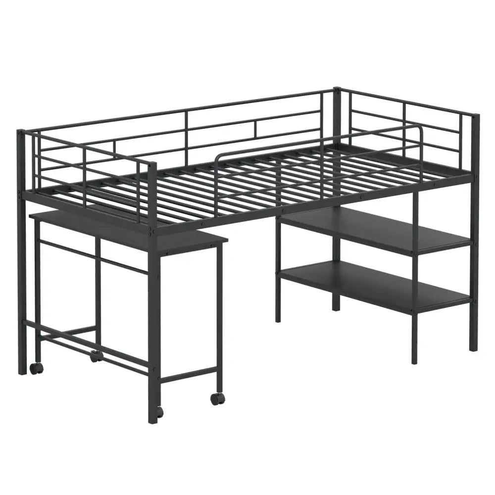 Twin Size Loft Bed with Rolling Desk and Bookshelf Platform Bed Frame-Black - Black - Bunk Bed Frame