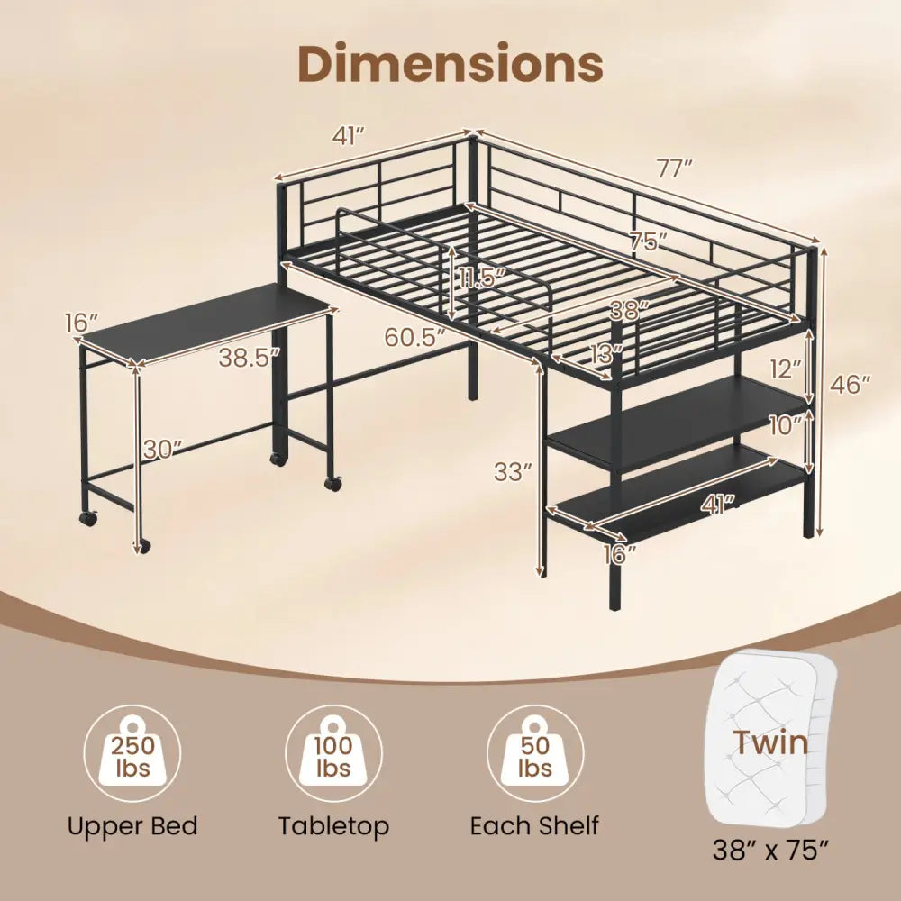 Twin Size Loft Bed with Rolling Desk and Bookshelf Platform Bed Frame-Black - Black - Bunk Bed Frame