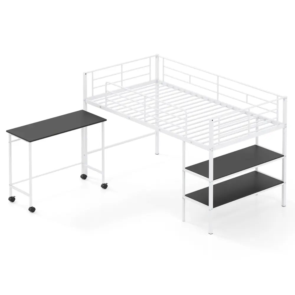Twin Size Loft Bed with Rolling Desk and Bookshelf Platform Bed Frame-White - White - Bunk Bed Frame