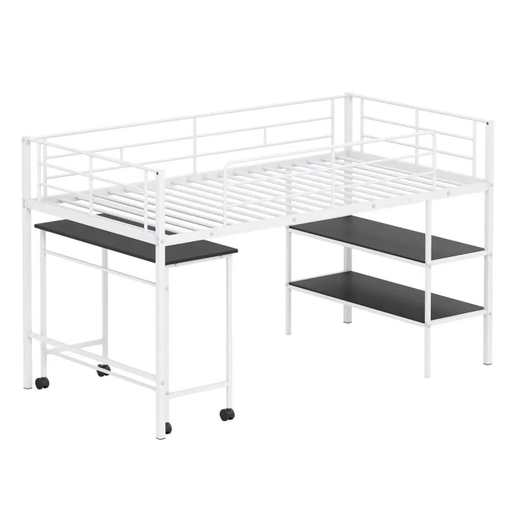 Twin Size Loft Bed with Rolling Desk and Bookshelf Platform Bed Frame-White - White - Bunk Bed Frame