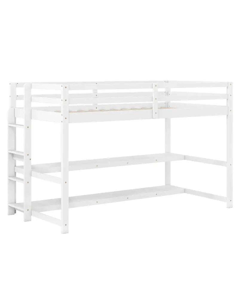 Twin Size Loft Bed with Storage Shelves Full-length Guardrails and Ladder-White - White - Bunk Bed Frame