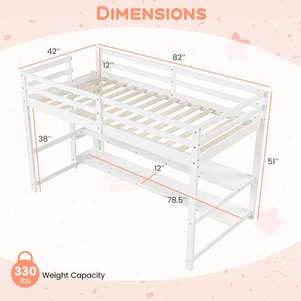 Twin Size Loft Bed with Storage Shelves Full-length Guardrails and Ladder-White - White - Bunk Bed Frame