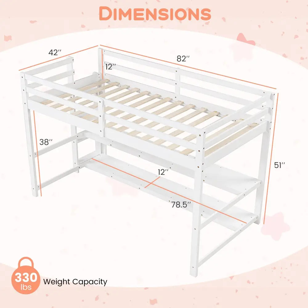 Twin Size Loft Bed with Storage Shelves Full-length Guardrails and Ladder-White - White - Bunk Bed Frame