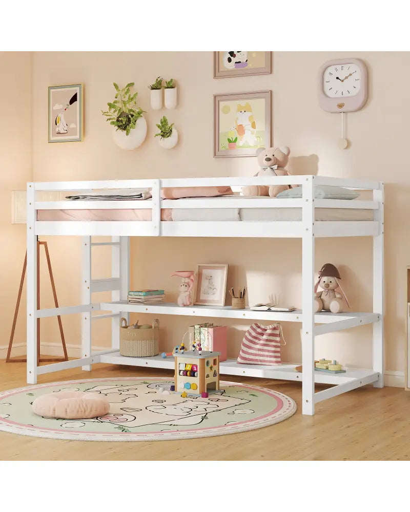 Twin Size Loft Bed with Storage Shelves Full-length Guardrails and Ladder-White - White - Bunk Bed Frame