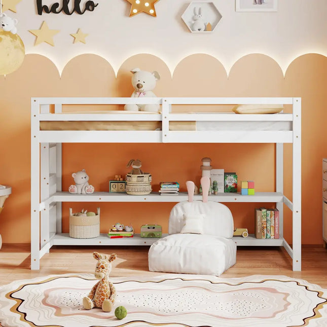 Twin Size Loft Bed with Storage Shelves Full-length Guardrails and Ladder-White - White - Bunk Bed Frame