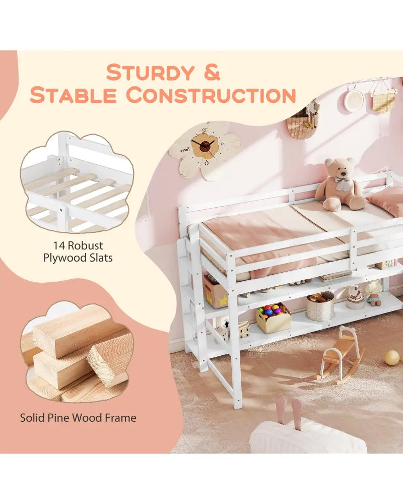 Twin Size Loft Bed with Storage Shelves Full-length Guardrails and Ladder-White - White - Bunk Bed Frame