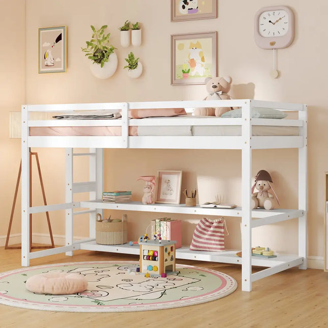 Twin Size Loft Bed with Storage Shelves Full-length Guardrails and Ladder-White - White - Bunk Bed Frame