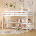 Twin Size Loft Bed with Storage Shelves Full-length Guardrails and Ladder-White - White - Bunk Bed Frame