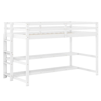 Twin Size Loft Bed with Storage Shelves Full-length Guardrails and Ladder-White - White - Bunk Bed Frame