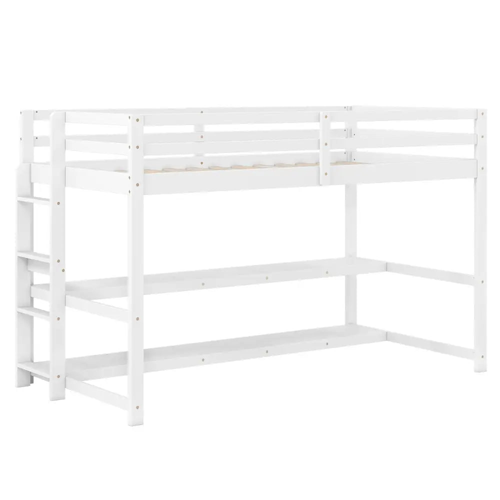 Twin Size Loft Bed with Storage Shelves Full-length Guardrails and Ladder-White - White - Bunk Bed Frame