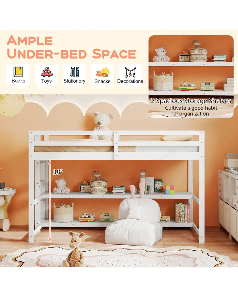 Twin Size Loft Bed with Storage Shelves Full-length Guardrails and Ladder-White - White - Bunk Bed Frame