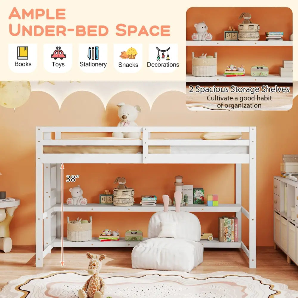 Twin Size Loft Bed with Storage Shelves Full-length Guardrails and Ladder-White - White - Bunk Bed Frame